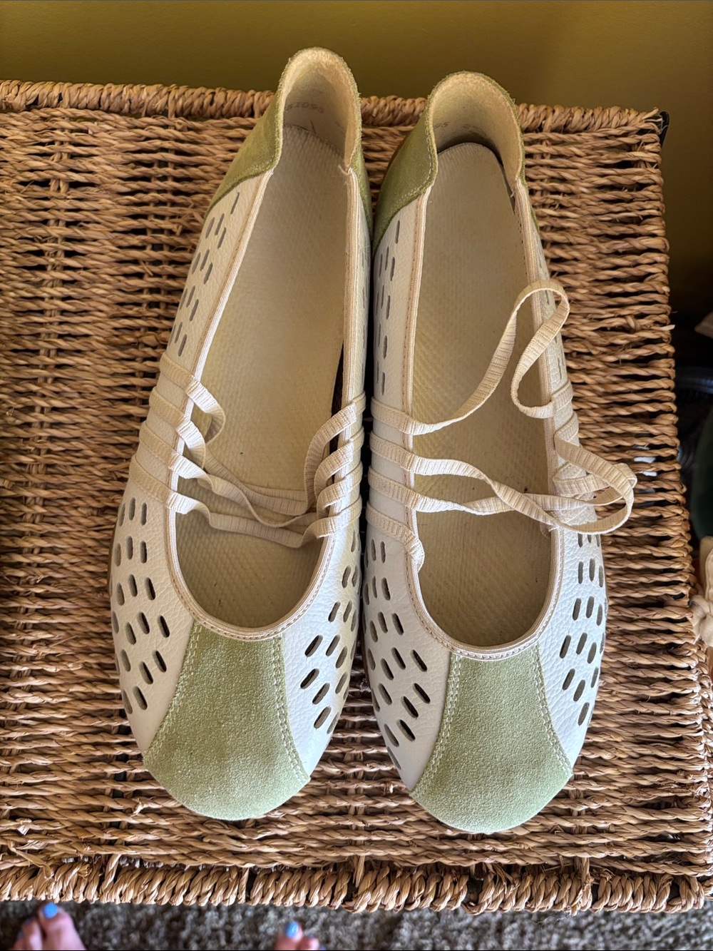 Rieker Beige and Sage Green Perforated Ballet Flats